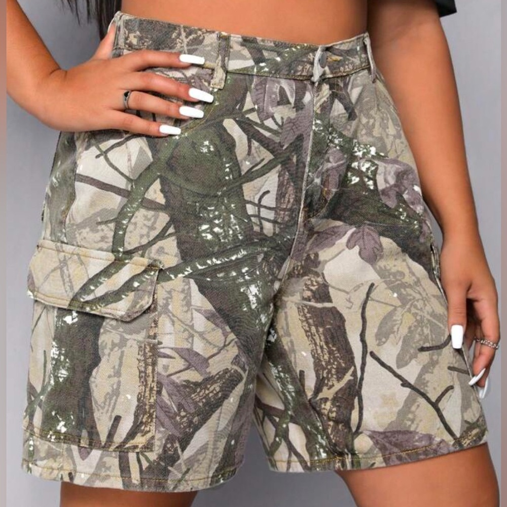 Camo Print Denim Cargo Shorts